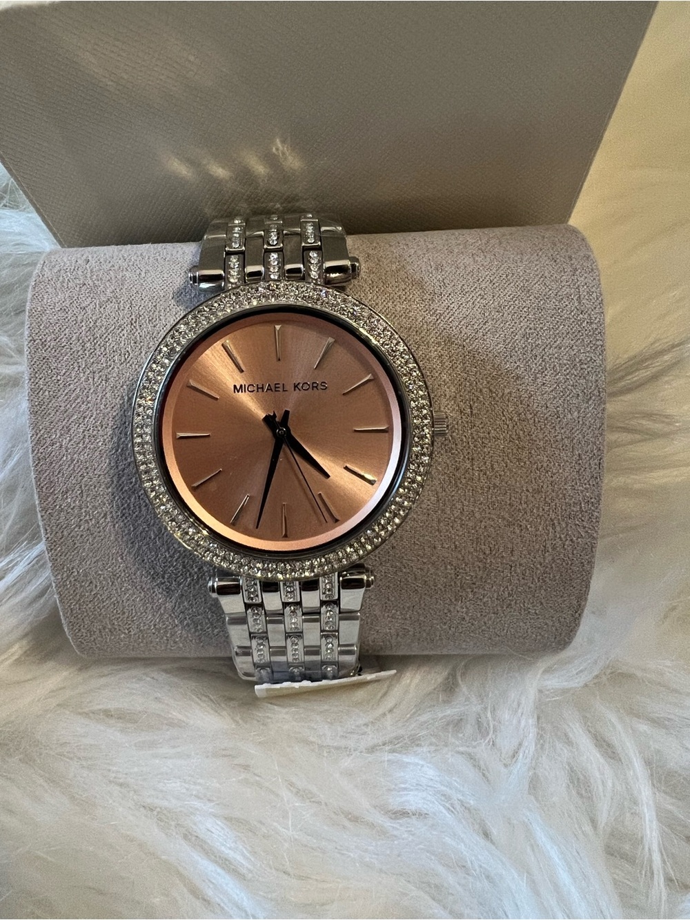 Michael Kors Silver Bracelet Watch with Rose Gold Dial and Crystal Bezel- MK3218